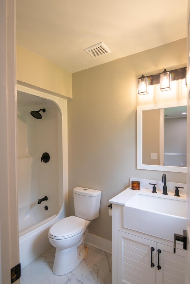 full bathroom featuring vanity, bathing tub / shower combination, and toilet