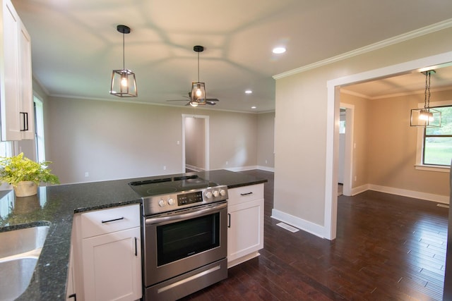 kitchen featuring white cabinets, stainless steel electric stove, ceiling fan, dark stone countertops, and dark hardwood / wood-style flooring