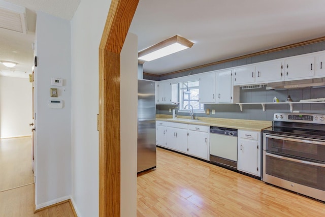 kitchen featuring backsplash, white cabinets, sink, light wood-type flooring, and stainless steel appliances