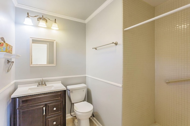 bathroom featuring a shower, vanity, toilet, and crown molding