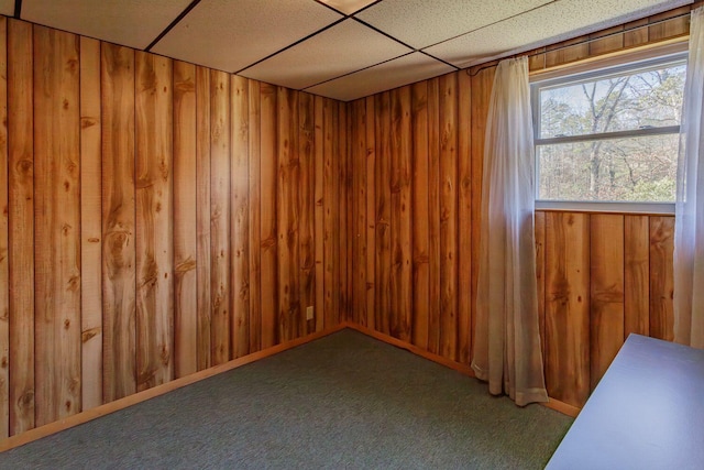 empty room featuring a paneled ceiling, carpet floors, and wood walls