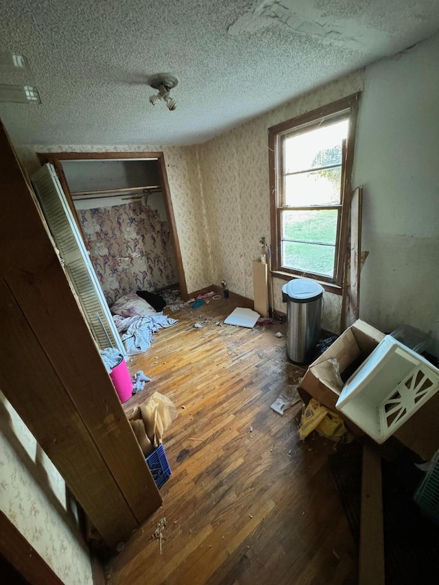 miscellaneous room with wood-type flooring and a textured ceiling