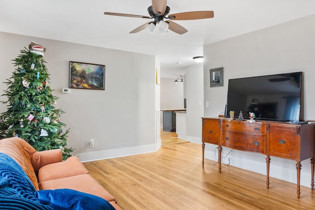 living room with light hardwood / wood-style floors and ceiling fan