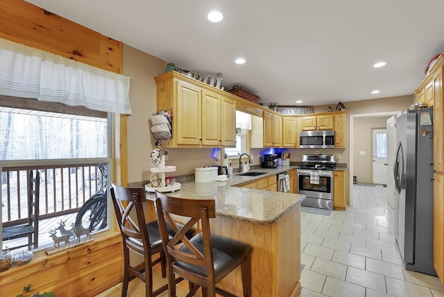 kitchen featuring a kitchen breakfast bar, stainless steel appliances, and a wealth of natural light