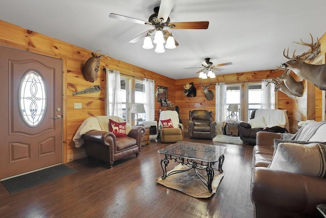 living room featuring dark hardwood / wood-style floors, a healthy amount of sunlight, and wooden walls