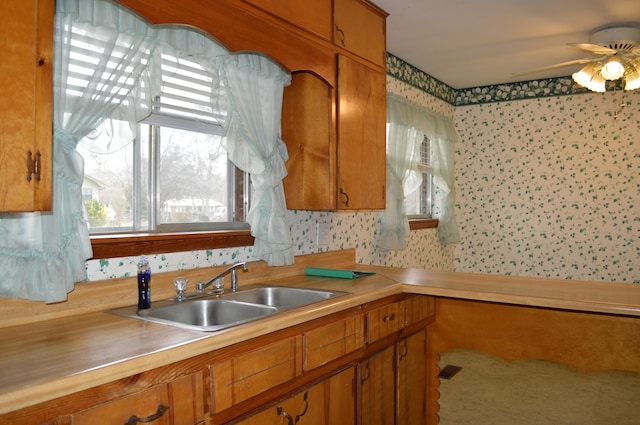 kitchen featuring ceiling fan and sink