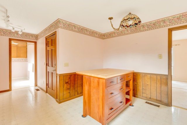 interior space with rail lighting and wooden walls