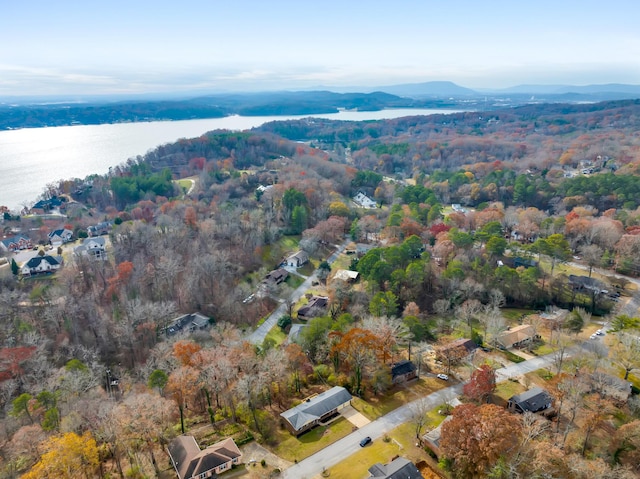 bird's eye view featuring a water and mountain view