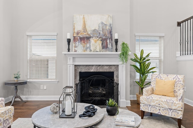 living room with dark wood-type flooring