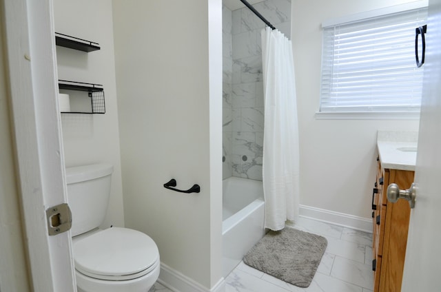 full bathroom featuring vanity, shower / bath combination with curtain, and toilet