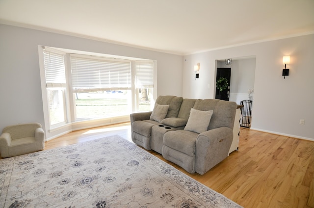 living room with light wood-type flooring and ornamental molding