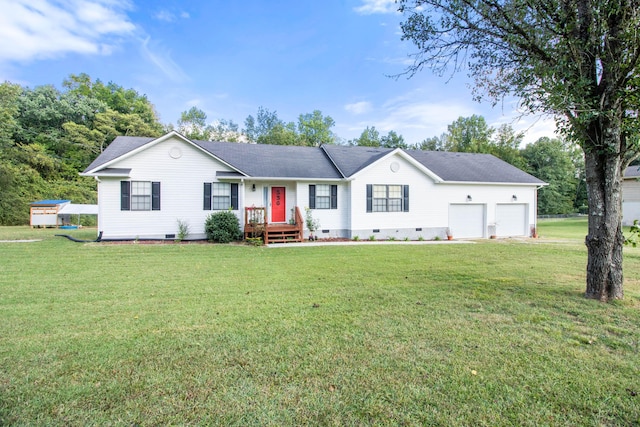 single story home with a garage and a front lawn