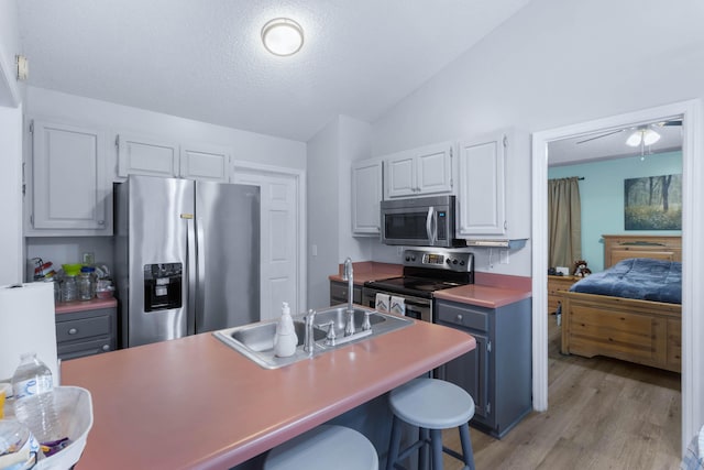 kitchen featuring sink, stainless steel appliances, light hardwood / wood-style floors, lofted ceiling, and white cabinets