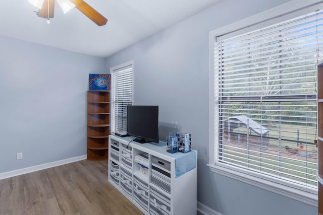 bedroom with wood-type flooring and ceiling fan