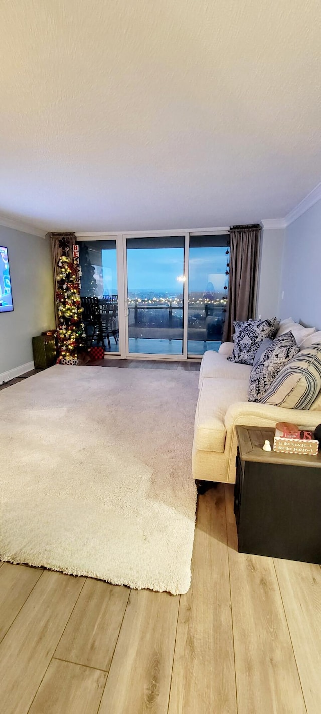 living room with hardwood / wood-style floors, a textured ceiling, a water view, and crown molding