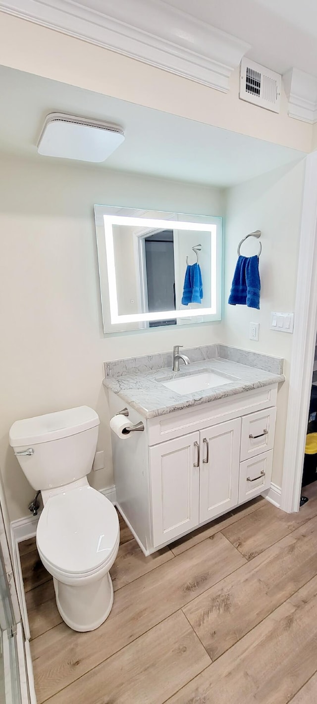 bathroom with vanity, hardwood / wood-style flooring, and toilet