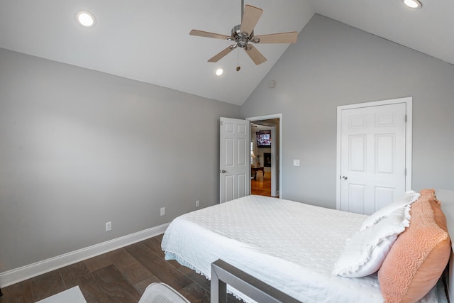 bedroom featuring ceiling fan, high vaulted ceiling, and dark hardwood / wood-style floors