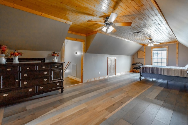 bedroom featuring ceiling fan, wooden ceiling, light hardwood / wood-style flooring, and lofted ceiling