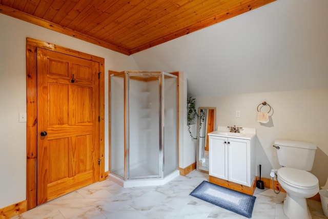 bathroom featuring walk in shower, lofted ceiling, wood ceiling, and vanity