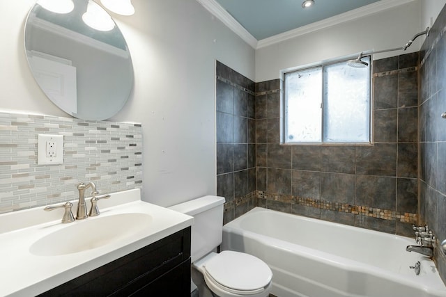 full bathroom featuring backsplash, ornamental molding, vanity, toilet, and tiled shower / bath