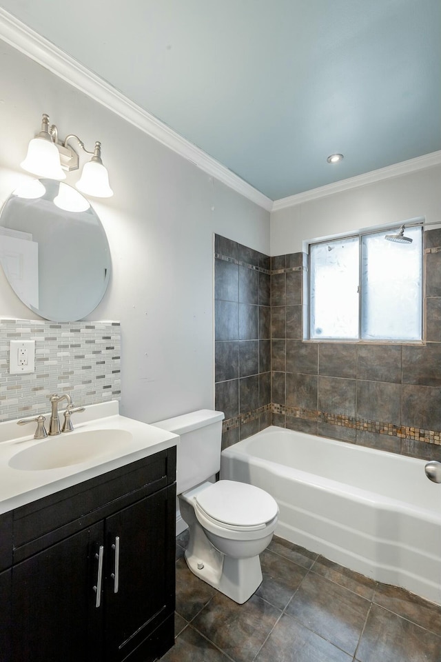 full bathroom featuring tile patterned flooring, vanity, toilet, and crown molding