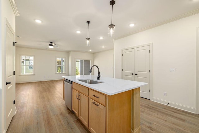 1707 Whisper Winds Ln Unit 33, Ooltewah, TN 37363 - kitchen featuring stainless steel dishwasher, light wood-style floors, open floor plan, crown molding, and recessed lighting