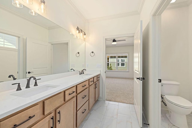 1707 Whisper Winds Ln Unit 33, Ooltewah, TN 37363 - full bath featuring healthy amount of natural light, marble look tile flooring, double vanity, ornamental molding, and ceiling fan