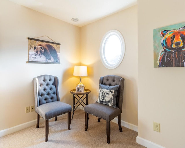 living area featuring carpet