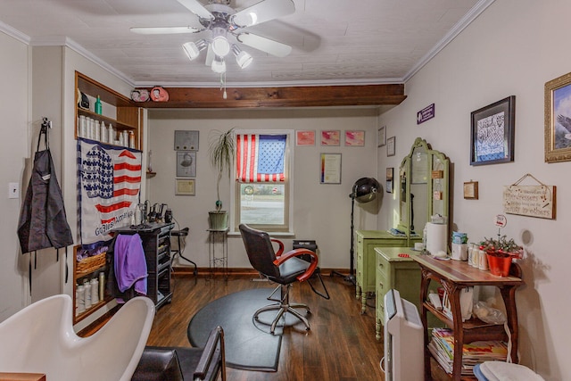 miscellaneous room featuring dark hardwood / wood-style flooring, ceiling fan, and ornamental molding