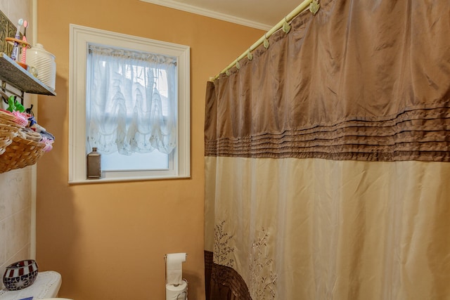 bathroom with toilet and crown molding