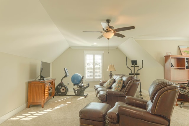 carpeted living room featuring ceiling fan and lofted ceiling