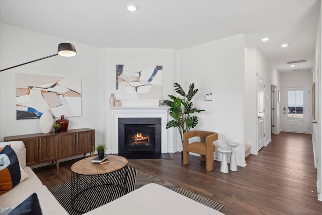 living room with dark hardwood / wood-style flooring