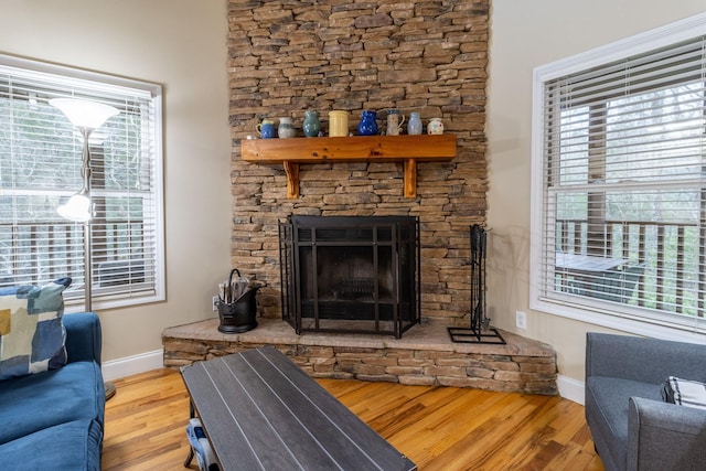 living room featuring a healthy amount of sunlight, wood-type flooring, and a fireplace