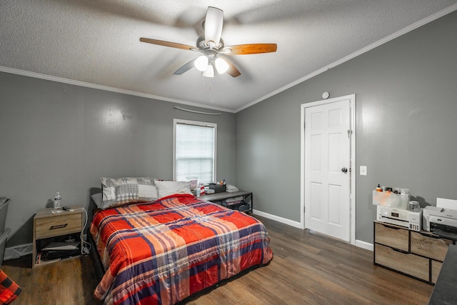 bedroom with dark wood-type flooring, crown molding, vaulted ceiling, ceiling fan, and a textured ceiling