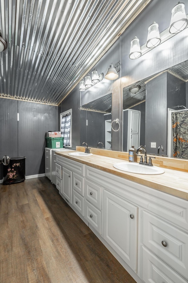 bathroom with vanity and wood-type flooring