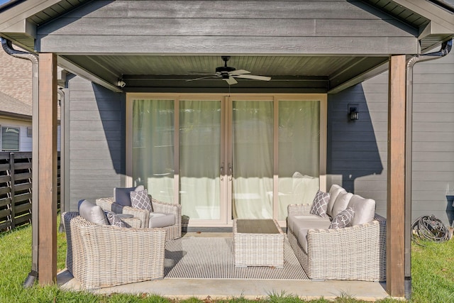 view of patio with ceiling fan and an outdoor hangout area