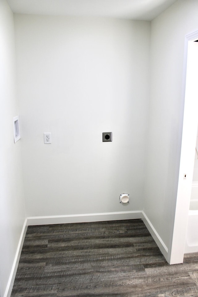 clothes washing area with hookup for an electric dryer, hookup for a washing machine, and dark wood-type flooring