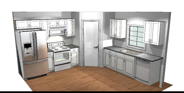 kitchen featuring white appliances, sink, and light hardwood / wood-style flooring