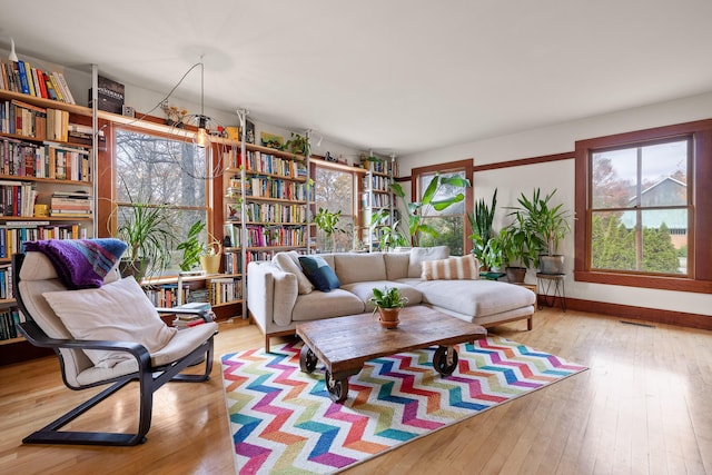 sitting room with a healthy amount of sunlight and light hardwood / wood-style floors