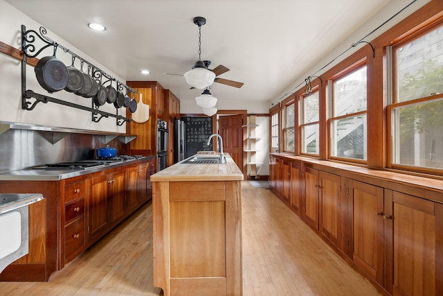 kitchen with a center island with sink, light hardwood / wood-style flooring, ceiling fan, and sink