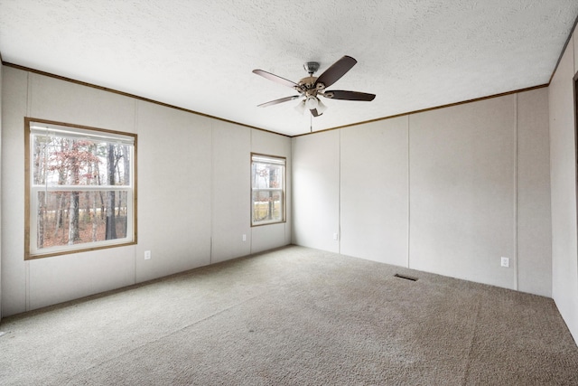 carpeted empty room with a textured ceiling, ceiling fan, and crown molding