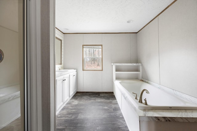 bathroom featuring vanity, wood-type flooring, a textured ceiling, and a bathing tub