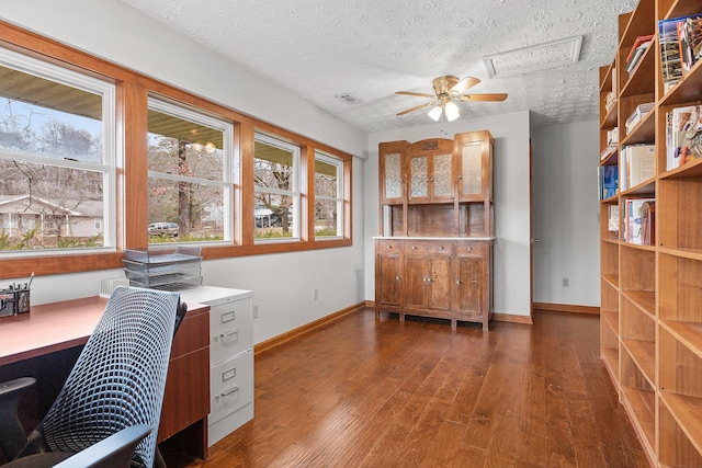 home office with ceiling fan, a textured ceiling, and dark wood-type flooring