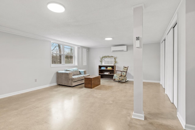 sitting room with a wall mounted air conditioner, a textured ceiling, and crown molding