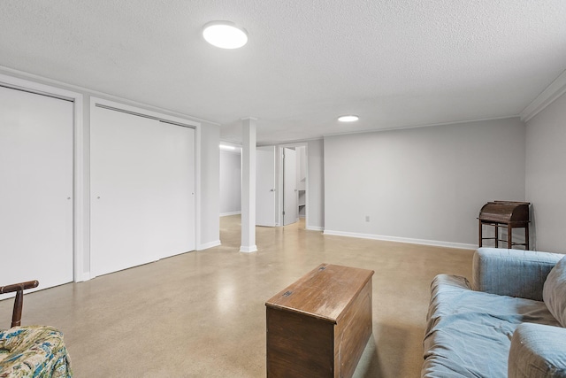 living room featuring a textured ceiling