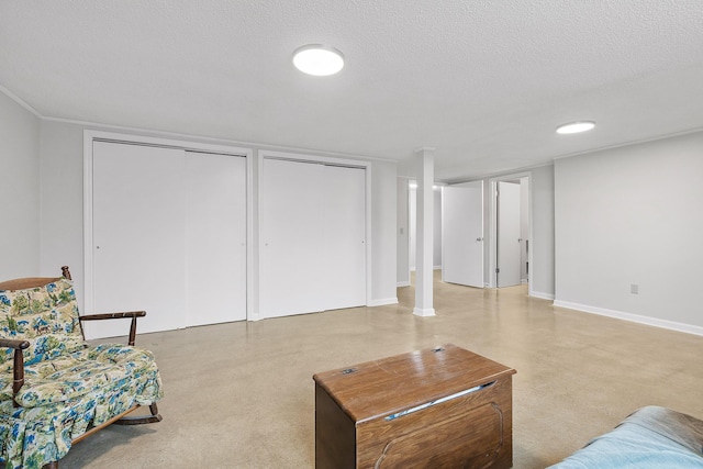 living room featuring a textured ceiling