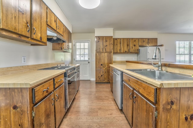 kitchen with a healthy amount of sunlight, sink, stainless steel appliances, and light hardwood / wood-style floors