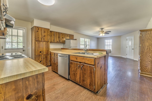 kitchen featuring appliances with stainless steel finishes, ceiling fan, sink, light hardwood / wood-style flooring, and an island with sink