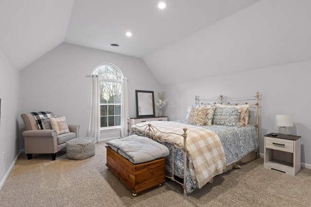 bedroom with lofted ceiling and carpet flooring