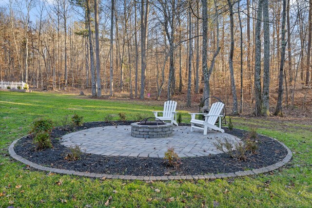 view of yard with a patio area and an outdoor fire pit